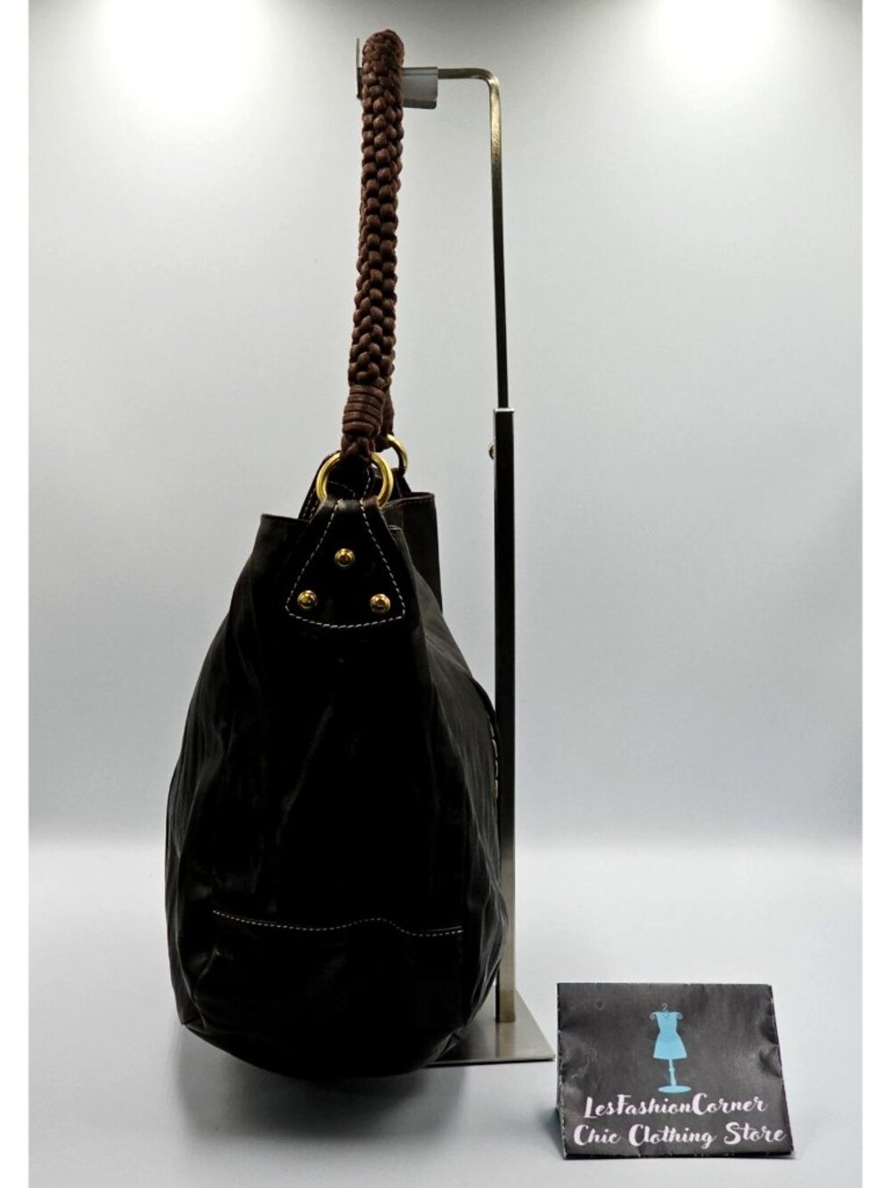 Christopher Kon Women's Brown Leather Braided Handle Shoulder Boho Bag Sz L 2561 - Picture 4 of 11